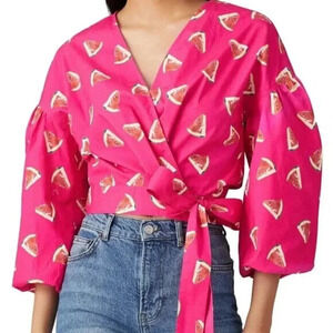Color Me Courtney Emily Watermelon Wrap Top Size XS Pink Poplin Vacation Novelty